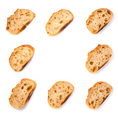 Frame of pieces of white bread isolated on white background. Flat lay, top view. Copy space for your text.