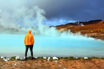 Tourists visiting the geothermal region of Hverir in Iceland near Myvatn Lake, Iceland, Europe