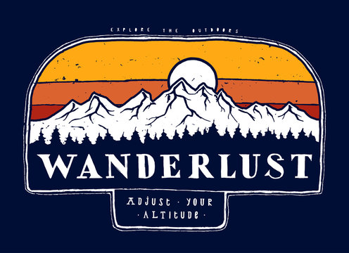Wanderlust - horizontal hiking typography badge with mountain range -vintage t-shirt print