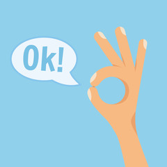 Fototapeta na wymiar Human hand showing okay sign on blue background. Flat style vector concept cartoon illustration with text OK in speech bubble.