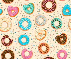 Glazed Donuts seamless pattern set. Bakery Vector. Top View doughnuts into glaze. Food background collection. Cartoon style illustrations,  Collection of glazed donuts, delicious pastries, flour cooke