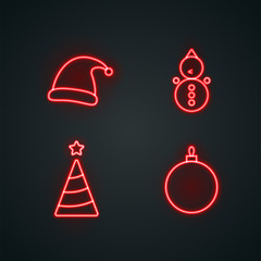 Neon christmas objects on black background. Editable stroke.
