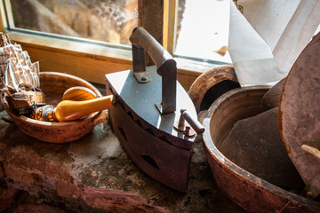 Rustic vintage items in restaurant in ethno village Dodig near the Drvar in Bosnia and Herzegovina