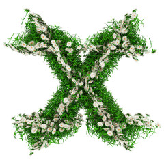 Letter X Of Green Grass And Flowers. Font For Your Design. 3D Illustration