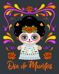 Dia de Muertos, Day of the Dead Spanish text Classic Mexican Catrina Doll and ornaments.