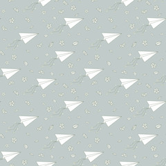 seamless pattern of a paper airplane from a notebook into a page. eps10 vector illustration. hand drawing