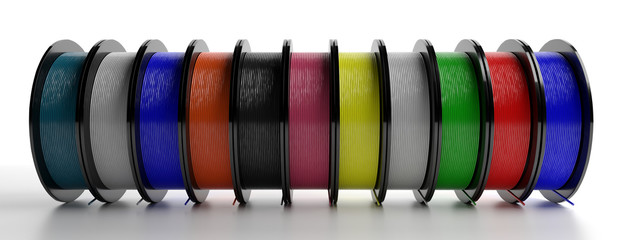Filaments for 3D printing.  ABS wire plastic for 3d printer, variety of colors. 3d illustration
