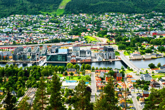 Aerial view of the city center of Drammen, Norway during a sunny summer day