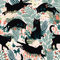 Materiał do szycia Black cats having fun in the butterfly garden.Hand drawn seamless pattern, vector format.