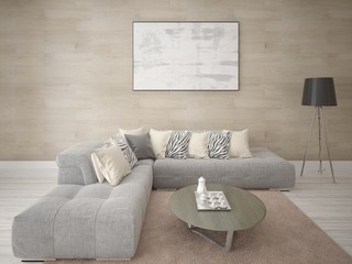 Mock up a trendy living room with a large corner sofa and stylish contemporary backdrop.