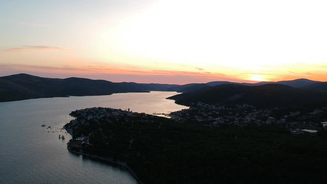 Seget Vranjica, Aerial View at  Sunset. Drone fixed view of  Croatian Village, Famous touristic destination in split-Dalmatia County of Croatia.