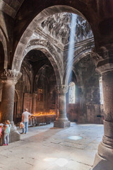 GEGHARD, ARMENIA - JULY 6, 2017: Interior of Geghard monastery in Armenia