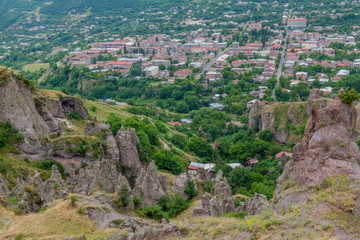 Fototapeta na wymiar Rocky landscape and aerial view of Goris town, Armenia