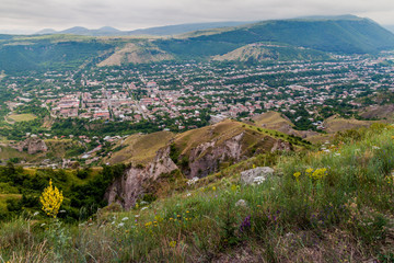 Fototapeta na wymiar Pasture and aerial view of Goris town, Armenia