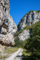 Footpath next to the rocks and mountains and Una river in village Martin Brod in Bosnia and Herzegovina