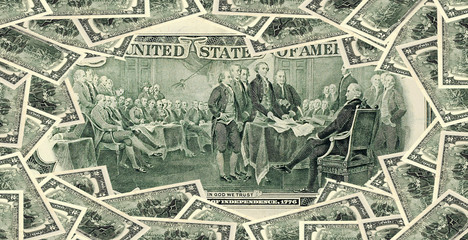 Two dollar bills usd independence Background.