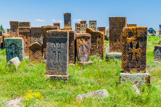 NORATUS, ARMENIA - JULY 10, 2017: Stone crosses known as khachkars near Noratus village, Armenia