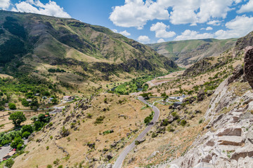 Fototapeta na wymiar Mtkvari river valley viewed from Vardzia cave monastery, Georgia