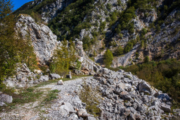 Footpath next to the rocks and mountains and Una river in village Martin Brod in Bosnia and Herzegovina