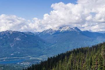 Bird view of the Whistler town in the morning from mountain.