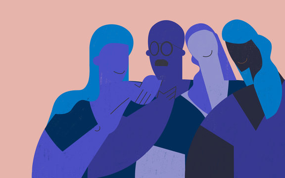 A team of professional caregivers. Men and women social workers. Blue purple harmony.