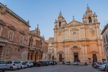 Fototapeta na wymiar MDINA, MALTA - NOVEMBER 10, 2017: St. Paul's Cathedral in the fortified city Mdina in the Northern Region of Malta