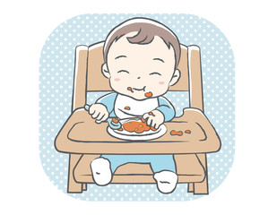 Baby eating baby food. Vector illustration.