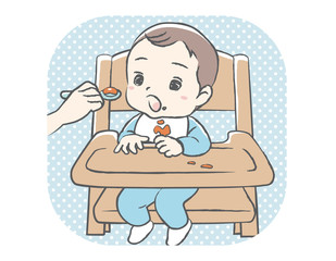 Baby eating baby food. Vector illustration.