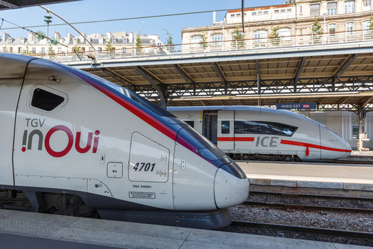 French TGV and German ICE high-speed train Paris Est railway station in France