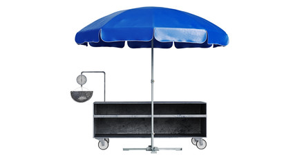Blue street patio umbrella with showcase. 3D rendering