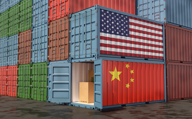 Fototapeta premium Stacks of Freight containers. USA and China flag. 3D Rendering