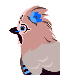 Cute Jay bird with a blue flower on head. Flat vector illustration