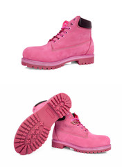 Female pink leather boots on white background, isolated product.