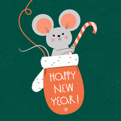 Cute little mouse with lollipop sitting in a mitten. Hello Winter print. New Year and happy holidays greeting card. Cartoon vector illustration 