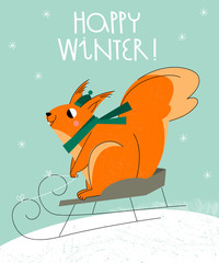 Funny squirrel in a scarf and cap riding on a sled. Winter background with snow. Vector illustration for greeting card