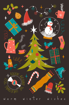 Christmas set. Color vector items. Illustration with new year decor in cartoon retro style. Design for prints and cards.