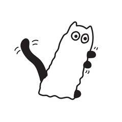 Halloween cat in ghost costume. Kawaii illustration in black and white. Cute kitten dressed with a ghost sheet, funny and adorable perfect for young kids. For cards design, coloring, parties, banners