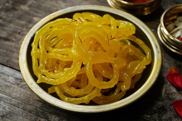 Jalebi / Jilebi - Popular Indian Pakistani sweet made during Diwali festival, selective focus