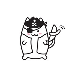 Halloween cat in pirate costume. Kawaii illustration in black and white. Cute kitten dressed with a sword, funny and adorable perfect for young kids. For cards design, coloring, parties, banners