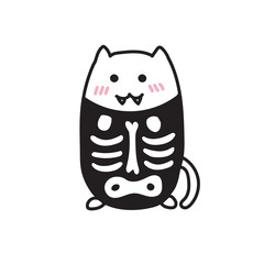 Halloween cat in skeleton costume. Kawaii illustration in black and white. Cute kitten dressed with bones shirt, funny and adorable perfect for young kids. For cards design, coloring, parties, banners