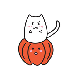 Halloween cat inside a pumpkin. Kawaii illustration in black and white. Cute kitten sitting in pumpkin, funny and adorable perfect for young kids. For cards design, coloring, parties, banners
