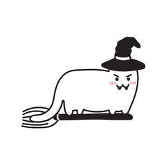 Halloween cat in witch costume. Kawaii illustration in black and white. Cute kitten flying on a broom with a hat,funny and adorable perfect for young kids. For cards design, coloring, parties, banners