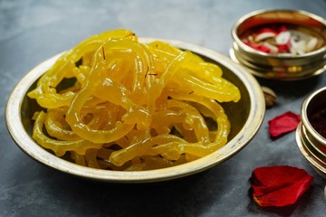 Jalebi / Jilebi - Popular Indian Pakistani sweet made during Diwali festival, selective focus