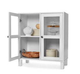 Wooden cabinet with kitchenware on white background