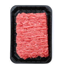 Fresh raw minced meat on white background, top view