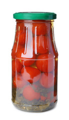 Glass jar with pickled tomatoes isolated on white