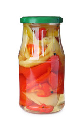 Glass jar with pickled bell peppers isolated on white