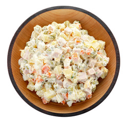 Delicious salad Olivier on white background, top view