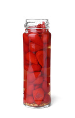 Jar with pickled hot peppers on white background