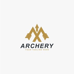 Archery logo design vector. Letter M and bow abstract symbol. Archery sport vector icon.